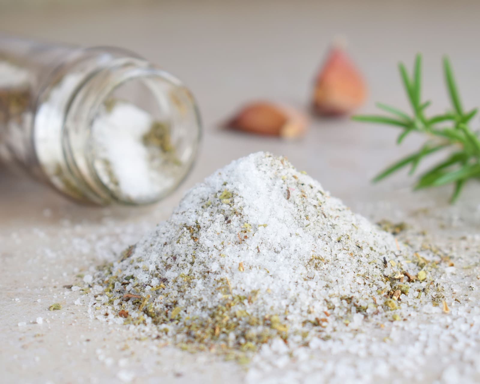 Prepared herbed salt with dried herbs.