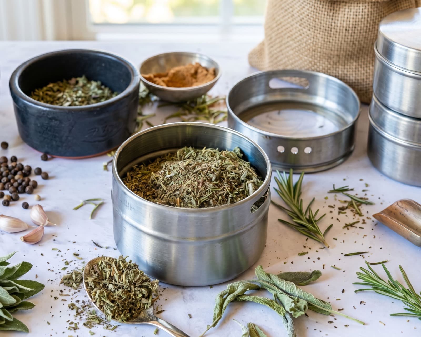 Dried herb poultry seasoning in a small jar or bowl.