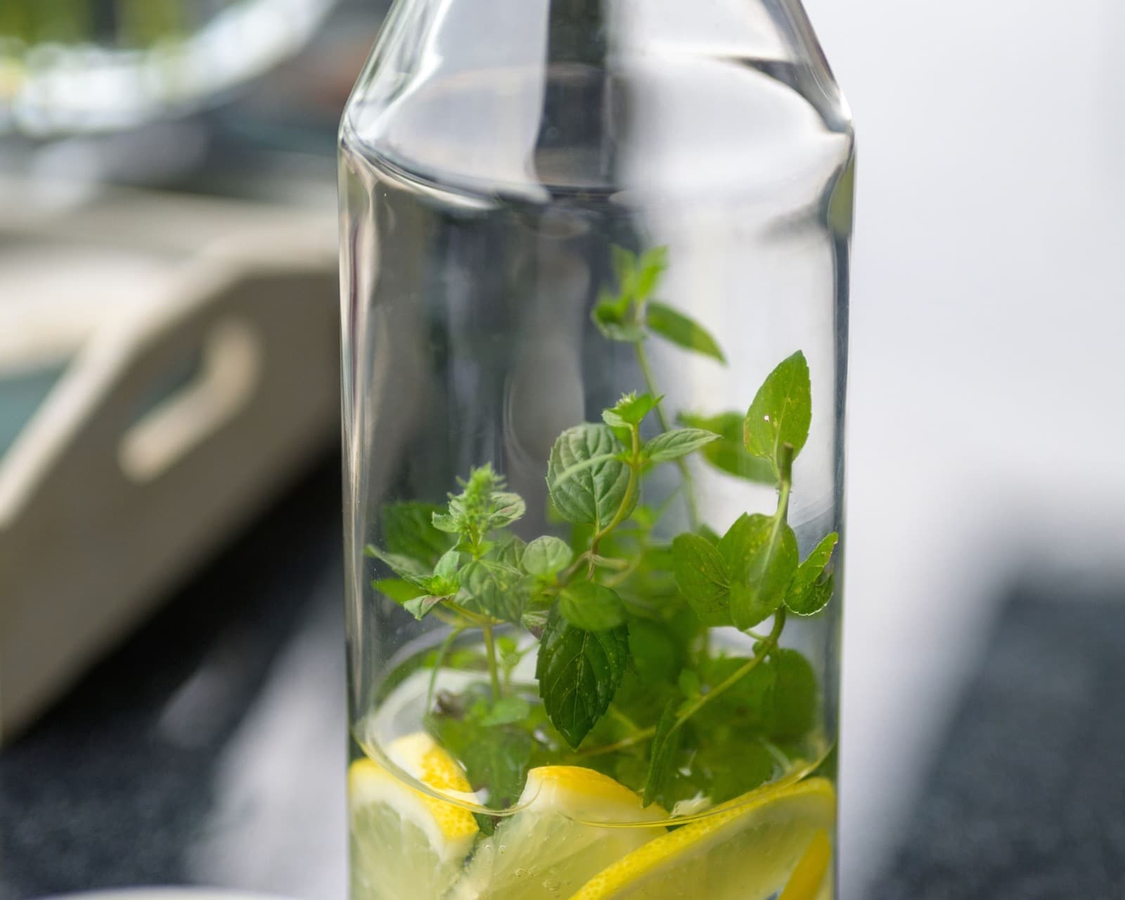 Infused water with fresh tea herbs, cucumber, and lemon.